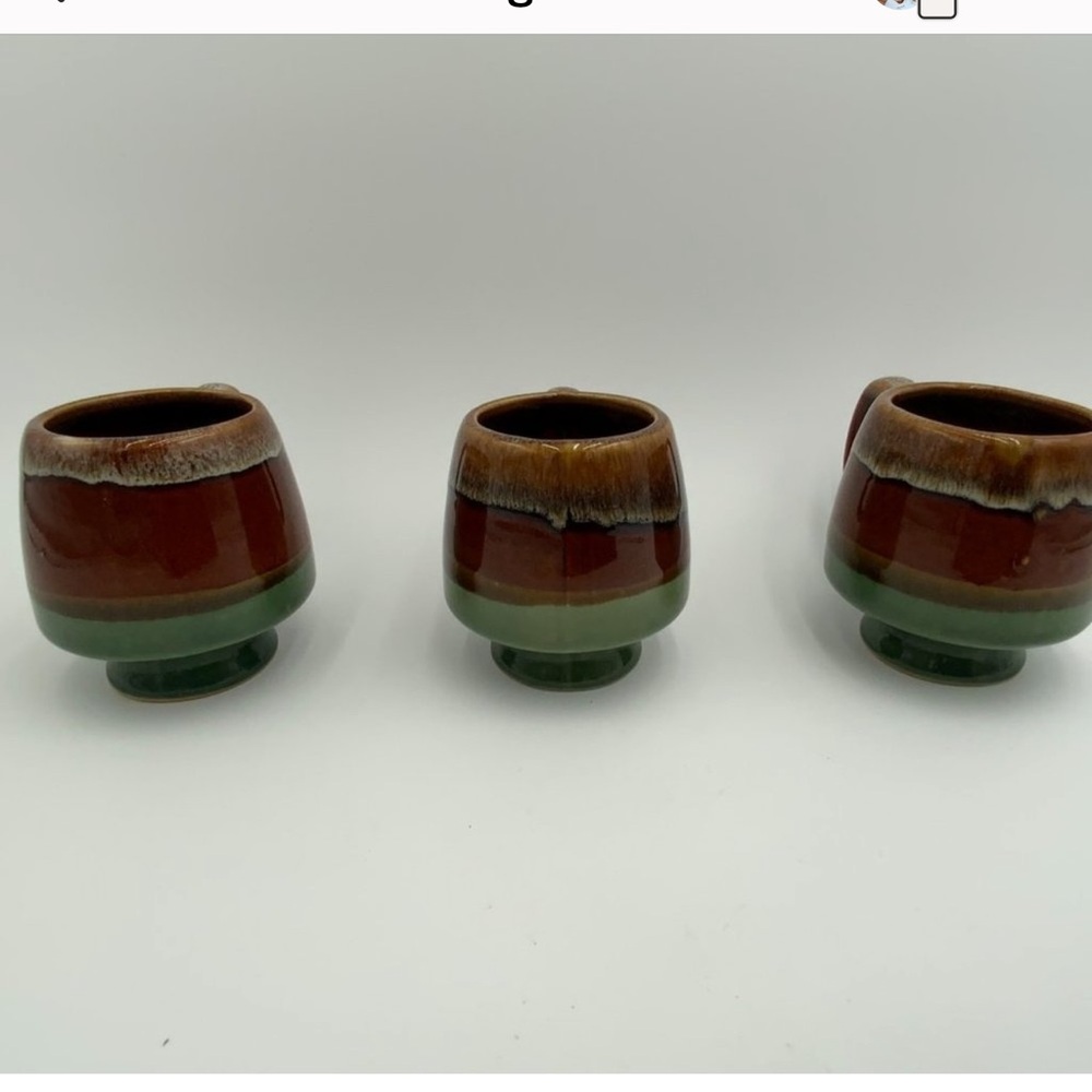 Set of 3 Vintage Brown Green Drip Glaze Coffee Mugs Stackable Ceramic Taiwan